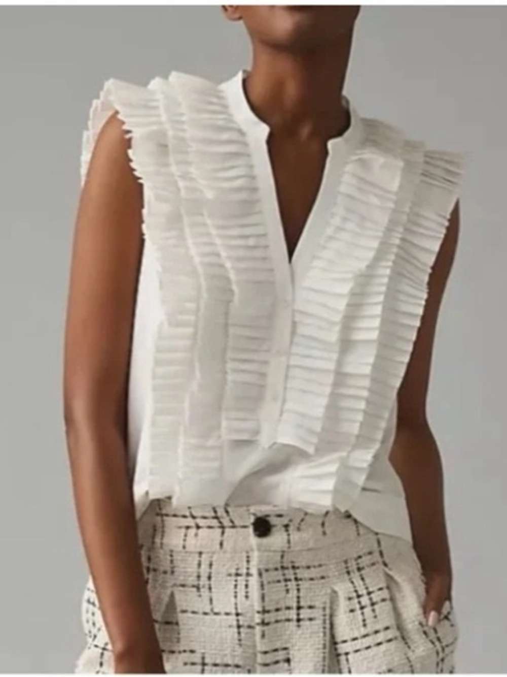 Maeve Anthropologie Pleated Ruffle Sleeveless Blouse White Size Large